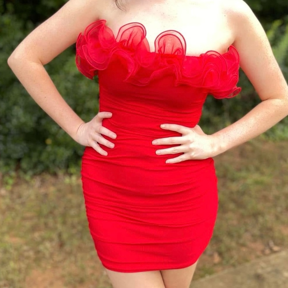 Windsor Strapless Red Dress with Ruffle Detail